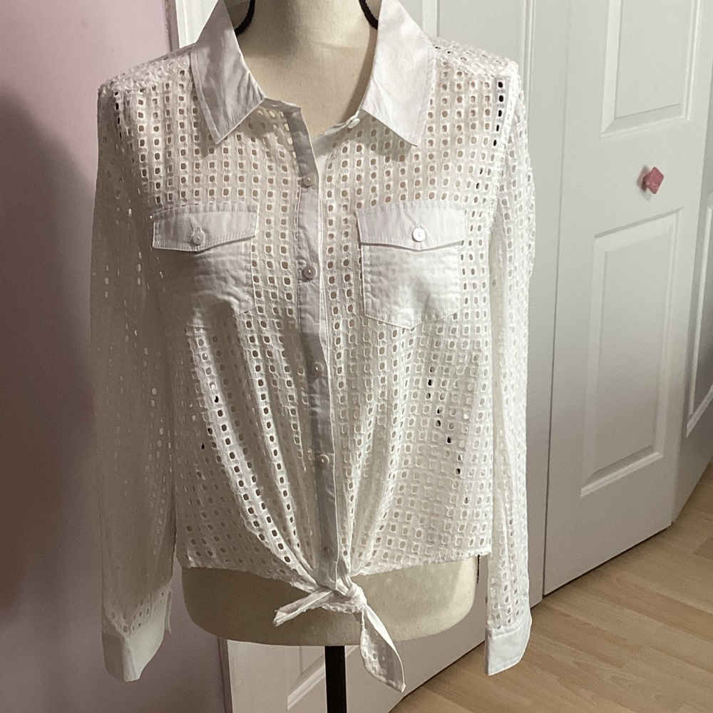 Elegant White Button-Down Eyelet Shirt